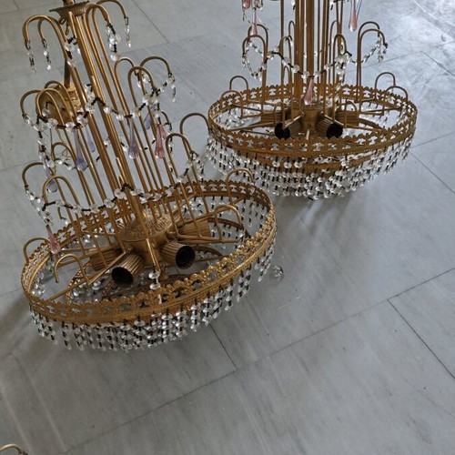 Ceiling Chandeliers used, set of 3, gold with fake crystals