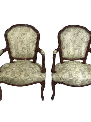 Πολυθρόνες Louis XV κατασκευής Σαρίδη σαν καινούργιο, καρυδιά, ύφασμα ασημί-πράσινο, σετ 2