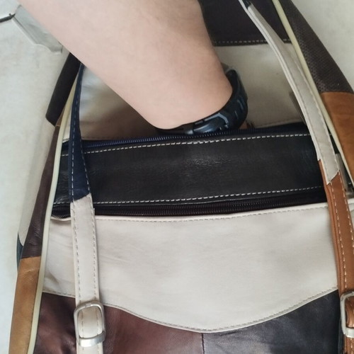 Multicolor genuine leather patchwork sling backpack
