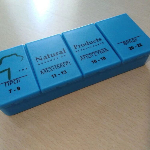 Collectible pill storage box, normal size, like new, blue, 4 compartments