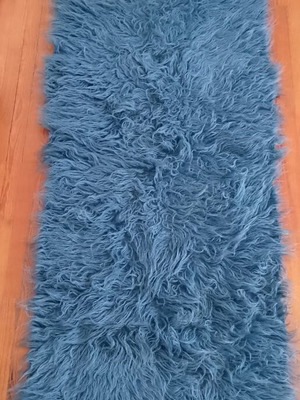 Vintage flokati runner in washed denim blue, like new