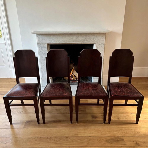 Set of 4 vintage solid wood dining chairs with original burgundy leather seats, Art Deco style
