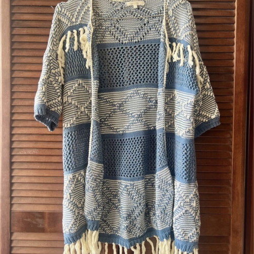 See U Soon Boho Knitted Kimono with Fringes One Size like new, blue and ecru