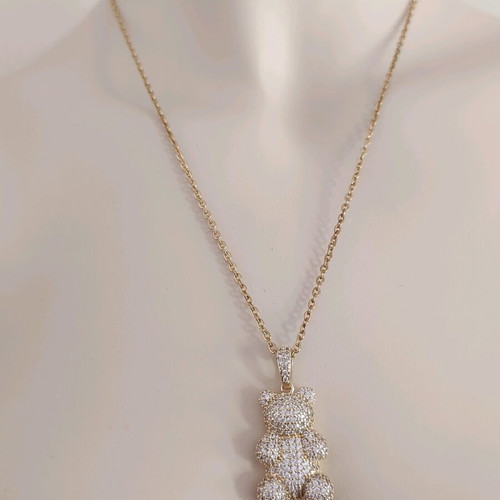 Steel necklace with bear pendant and zircon, handmade