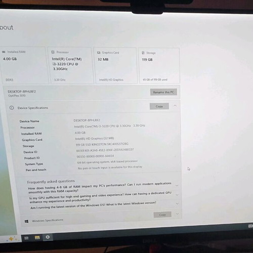 Dell PC Intel i-3 4G RAM SSD 120G used with external marks