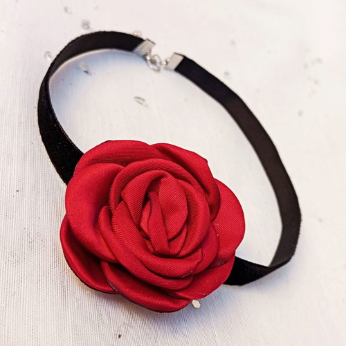 Black velvet choker with large red fabric flower new