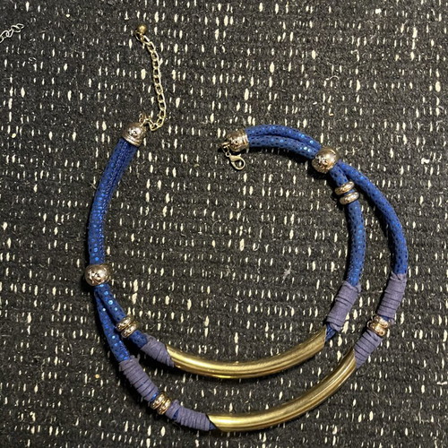 Boho Statement Double Necklace blue cord with gold bars and details like new