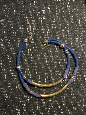 Boho Statement Double Necklace blue cord with gold bars and details like new