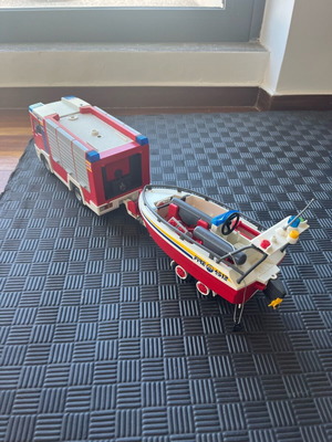 Playmobile fire truck used with boat and trailer