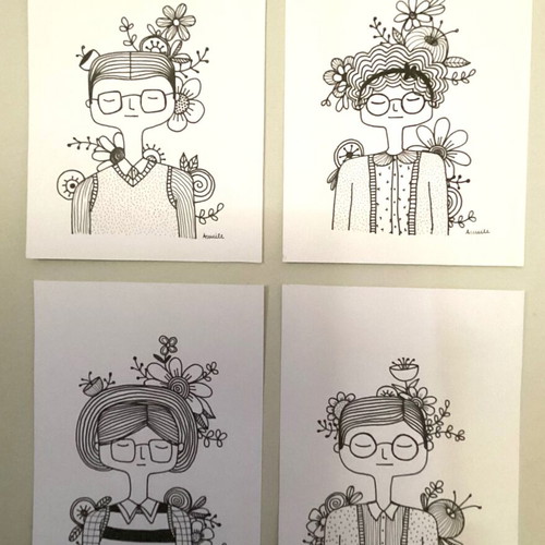 Spring set of 4 hand-drawn portraits on Bristol paper