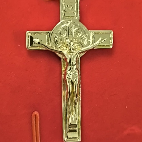 Men's cross pendant with crucifix and Saint Benedict, gold tone stainless steel, new