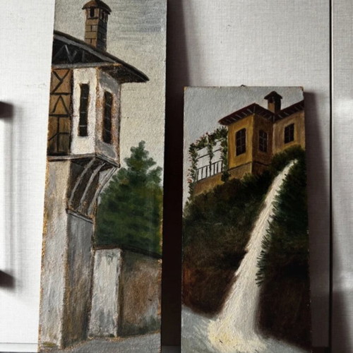 Vintage Naousa Paintings set used, industrial folk art on wood