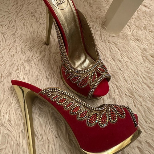 Red high heels with rhinestones like new, size 39