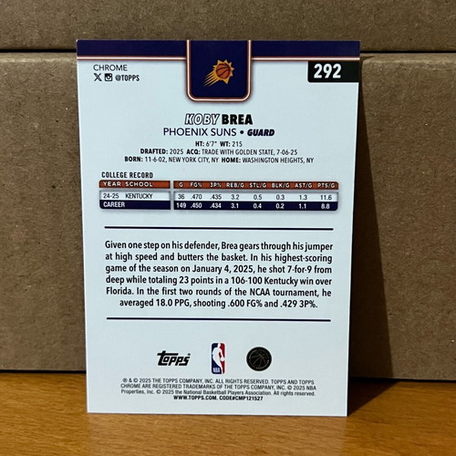 NBA Topps Chrome RC Base Koby Brea new