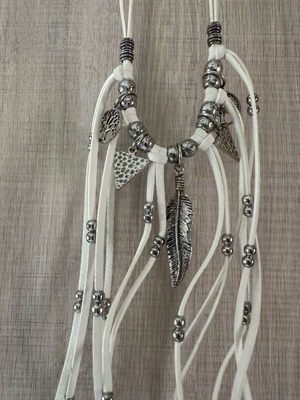 White leather necklace new with silver boho details