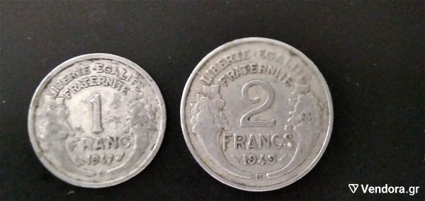 1 franc 1947 B (light type) & 2 francs 1949 B (light type)