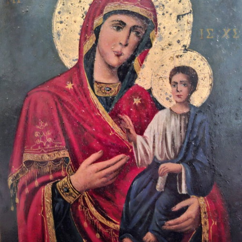 Icon of Theotokos with Christ Child used, oil on metal surface 1921