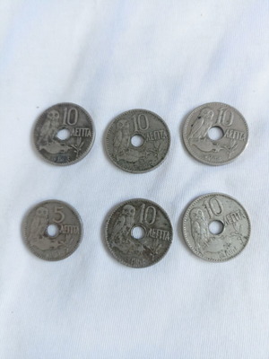 Set of 6 used Greek coins 1912 with hole