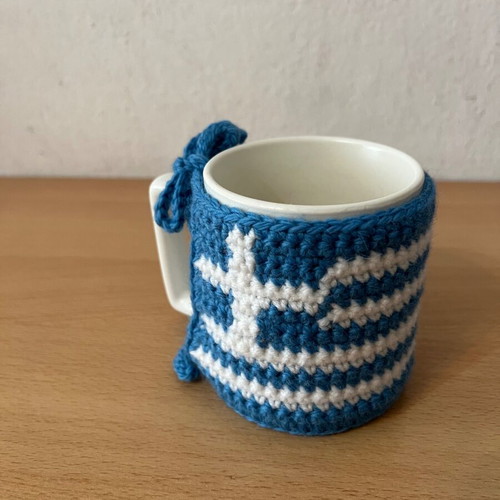 Handmade crochet mug cozy with Greek flag new