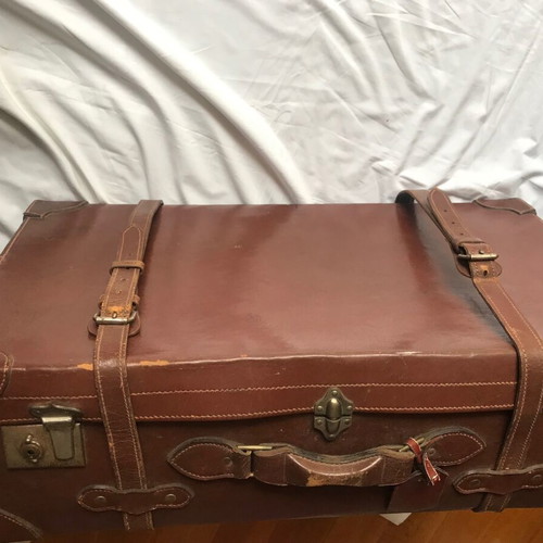 Antique leather suitcase used, handmade, early 20th century