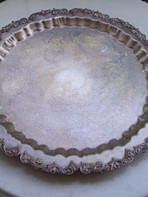 Vintage Silver-Plated Bronze Carved Tray (1950s) with Stamps DIM.: 55cm W.: 3.5Kg