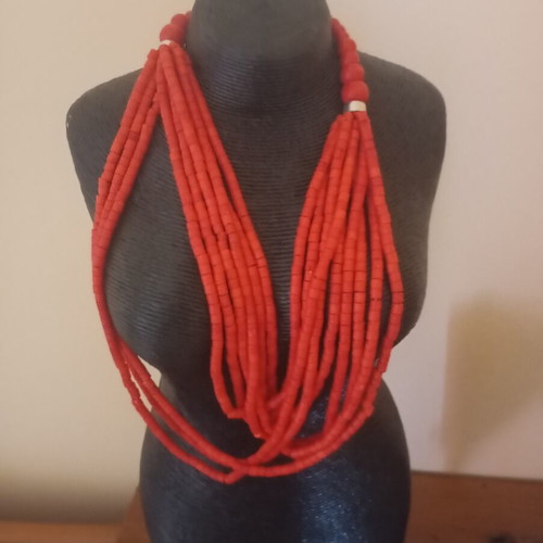 Necklace with multiple rows of red plastic beads new
