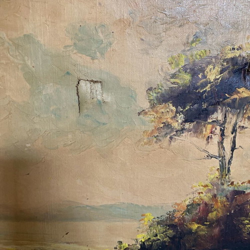 Bucolic oil painting used in frame, T.Linos