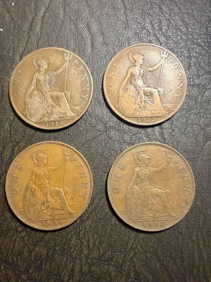 Set of 4 English One Penny collectible coins 1916-1962, new