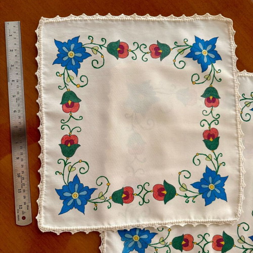 Handmade Vogart Painted Table Linens with Lace, Set of 5, New