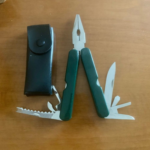 Multitool pocket knife with leather case, stainless steel, new