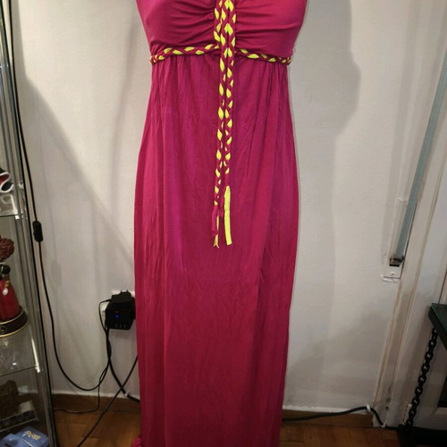 Long strapless fuchsia dress like new with neon details
