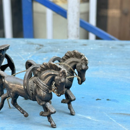 Ancient Greek decorative chariot with warrior and horses, 19 cm