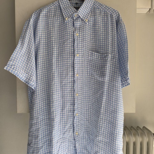 XL Abrams short-sleeve 100% linen summer shirt, like new, blue and white check