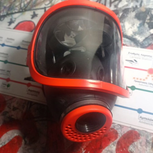 Gas Mask with Red Frame and Replacement Filters