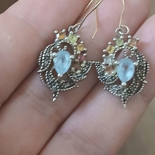 Earrings with semiprecious stones and vintage diamonds in 925 silver and 9k gold