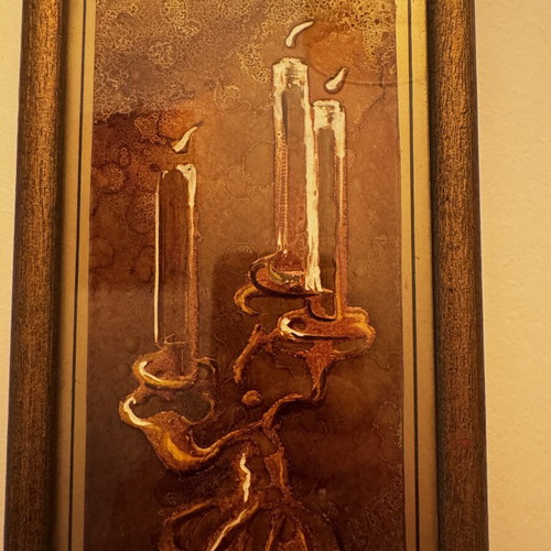 Art print with candleholder theme 15x26 cm, like new, brown beige