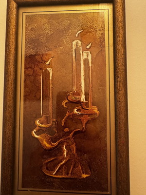 Art print with candleholder theme 15x26 cm, like new, brown beige