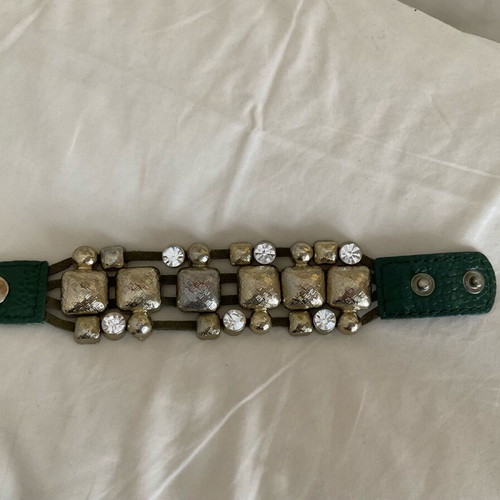 Vintage bracelet used, leather, metal, rhinestones, green and gold