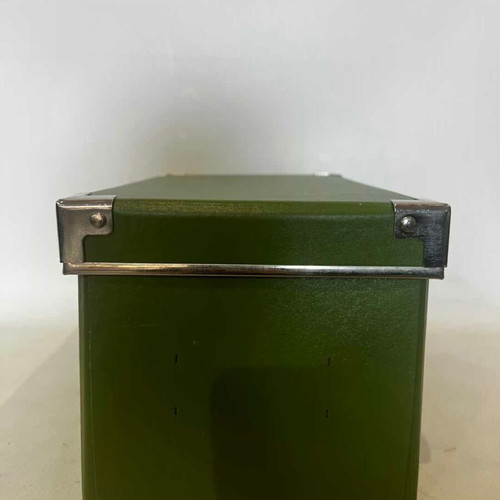 Storage box used, green with metal details and leather effect 14x26x15.5