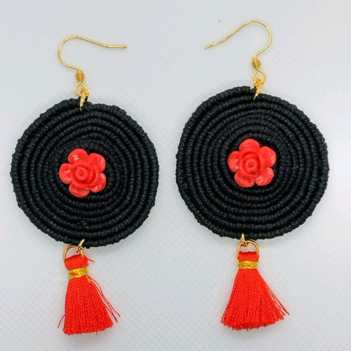 Macrame spiral earrings with red tassel made to order