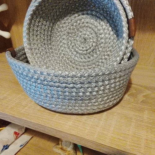 Set of 3 decorative fabric storage baskets with leather details, new