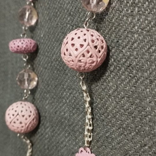 Long women's necklace with pink pierced beads and crystals, new