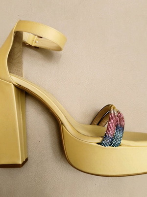 Beatris yellow satin sandal with chunky thick heel and rainbow rhinestones new