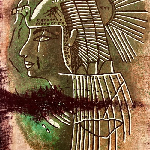 Mixed Media Artwork Queen Nefertari on Authentic Papyrus 1995