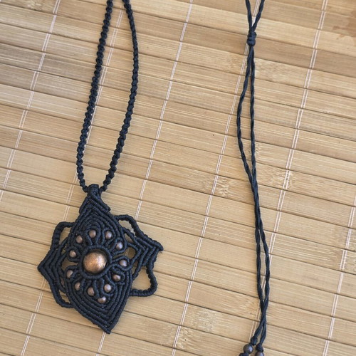Macrame necklace handmade black like new with brass beads