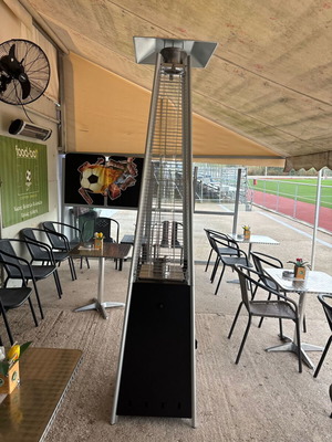 Outdoor pyramid heater set of 3, like new, steel with propane bottles