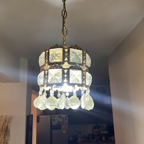 Bulgari crystal ceiling lights used with gold patina, two six-light and one single-light