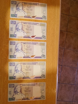 20 Cypriot Pounds banknotes, set of 5, 1.10.1997