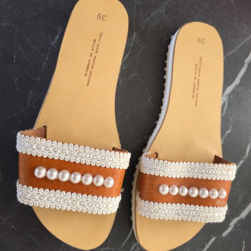 Handmade leather slides with white lace and pearls, size 39, made in Greece