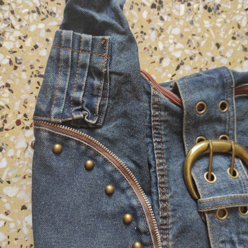 Vintage denim shoulder bag, blue multicolor